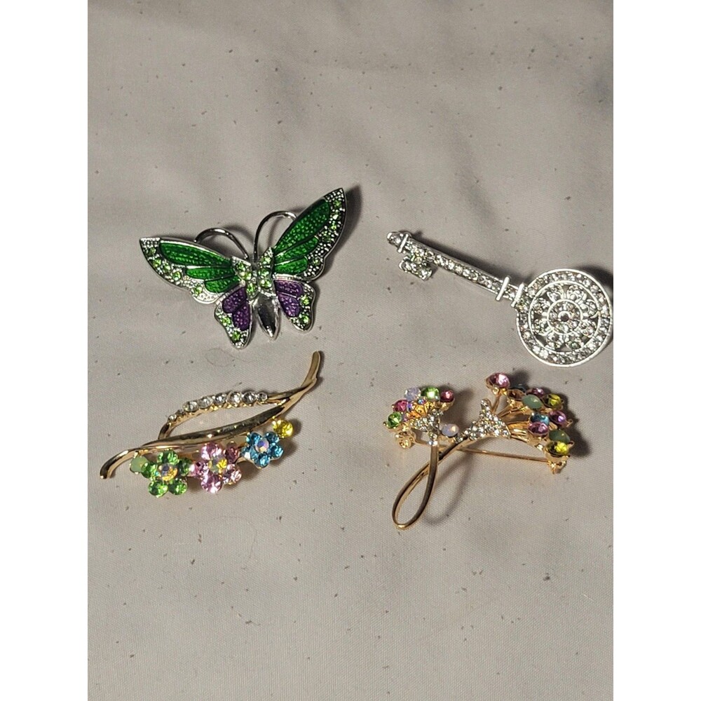 Rhinestone Brooch Lot Butterfly Floral Key Gold Tone Silver Tone Costume